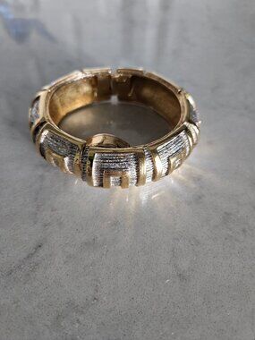 RARE AND VINTAGE WOMENS ORIS GOLD GREEK KEY BANGLE BRACELET WITH COVERED WATCH